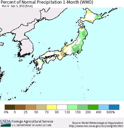 Japan Percent of Normal Precipitation 1-Month (WMO) Thematic Map For 3/6/2022 - 4/5/2022