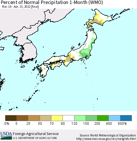 Japan Percent of Normal Precipitation 1-Month (WMO) Thematic Map For 3/16/2022 - 4/15/2022