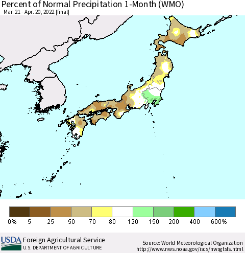 Japan Percent of Normal Precipitation 1-Month (WMO) Thematic Map For 3/21/2022 - 4/20/2022