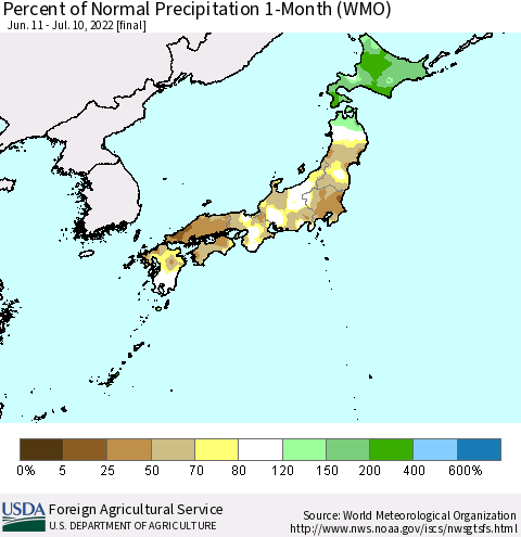 Japan Percent of Normal Precipitation 1-Month (WMO) Thematic Map For 6/11/2022 - 7/10/2022
