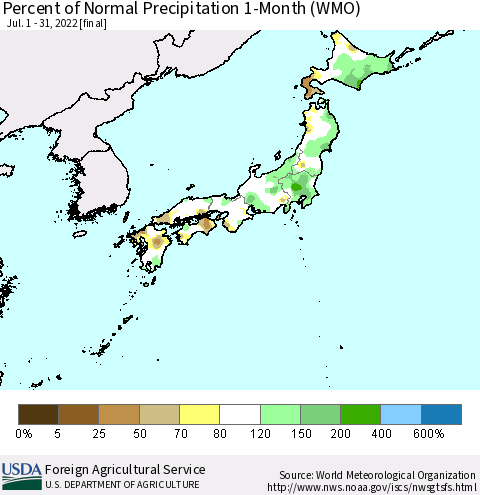 Japan Percent of Normal Precipitation 1-Month (WMO) Thematic Map For 7/1/2022 - 7/31/2022