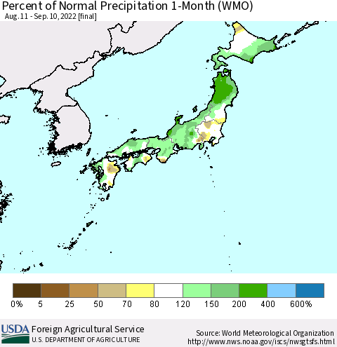 Japan Percent of Normal Precipitation 1-Month (WMO) Thematic Map For 8/11/2022 - 9/10/2022
