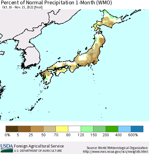 Japan Percent of Normal Precipitation 1-Month (WMO) Thematic Map For 10/16/2022 - 11/15/2022