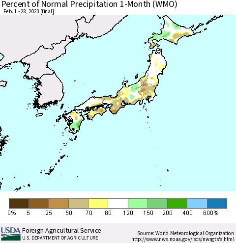 Japan Percent of Normal Precipitation 1-Month (WMO) Thematic Map For 2/1/2023 - 2/28/2023