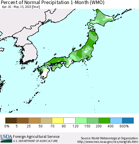 Japan Percent of Normal Precipitation 1-Month (WMO) Thematic Map For 4/16/2023 - 5/15/2023