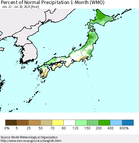 Japan Percent of Normal Precipitation 1-Month (WMO) Thematic Map For 6/21/2023 - 7/20/2023