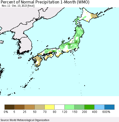 Japan Percent of Normal Precipitation 1-Month (WMO) Thematic Map For 11/11/2023 - 12/10/2023