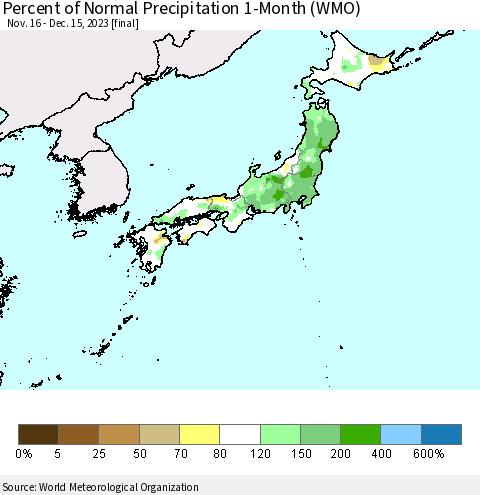 Japan Percent of Normal Precipitation 1-Month (WMO) Thematic Map For 11/16/2023 - 12/15/2023