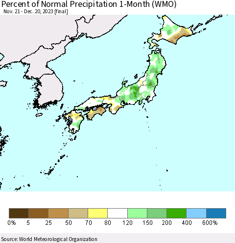 Japan Percent of Normal Precipitation 1-Month (WMO) Thematic Map For 11/21/2023 - 12/20/2023