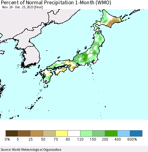 Japan Percent of Normal Precipitation 1-Month (WMO) Thematic Map For 11/26/2023 - 12/25/2023