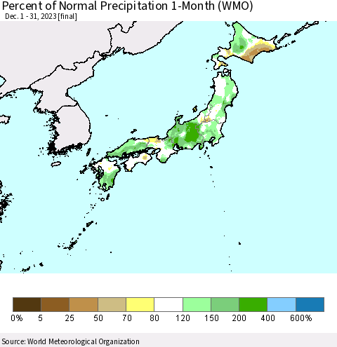 Japan Percent of Normal Precipitation 1-Month (WMO) Thematic Map For 12/1/2023 - 12/31/2023