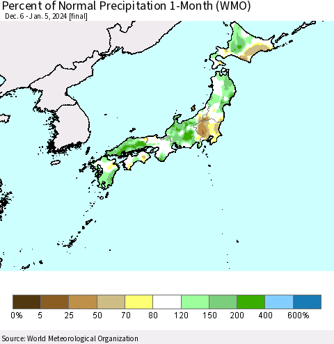 Japan Percent of Normal Precipitation 1-Month (WMO) Thematic Map For 12/6/2023 - 1/5/2024