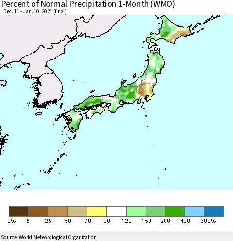 Japan Percent of Normal Precipitation 1-Month (WMO) Thematic Map For 12/11/2023 - 1/10/2024