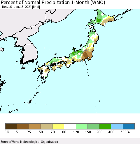 Japan Percent of Normal Precipitation 1-Month (WMO) Thematic Map For 12/16/2023 - 1/15/2024