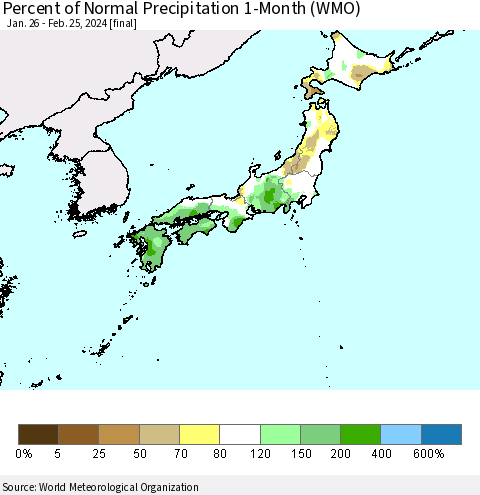 Japan Percent of Normal Precipitation 1-Month (WMO) Thematic Map For 1/26/2024 - 2/25/2024