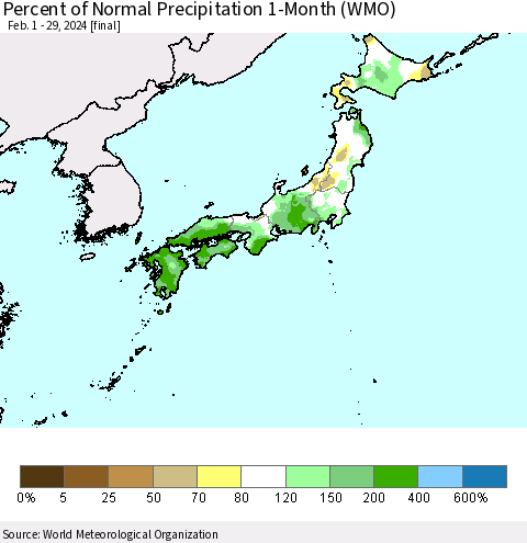 Japan Percent of Normal Precipitation 1-Month (WMO) Thematic Map For 2/1/2024 - 2/29/2024