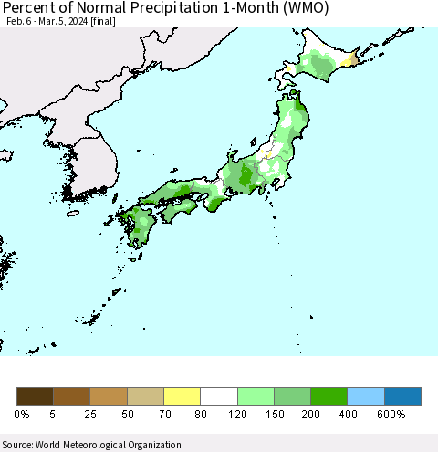 Japan Percent of Normal Precipitation 1-Month (WMO) Thematic Map For 2/6/2024 - 3/5/2024