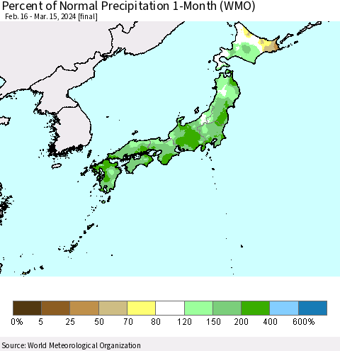 Japan Percent of Normal Precipitation 1-Month (WMO) Thematic Map For 2/16/2024 - 3/15/2024