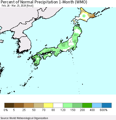 Japan Percent of Normal Precipitation 1-Month (WMO) Thematic Map For 2/26/2024 - 3/25/2024