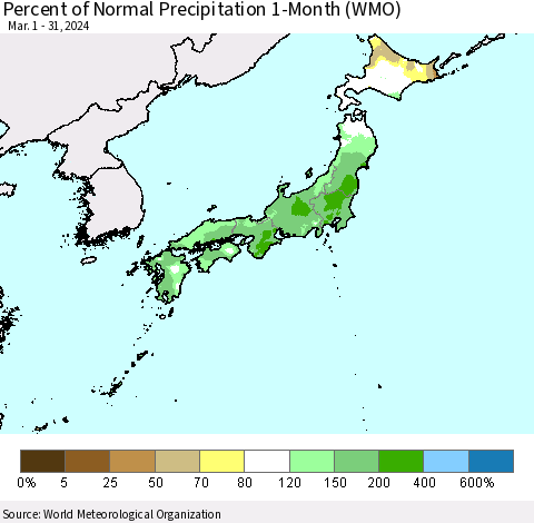 Japan Percent of Normal Precipitation 1-Month (WMO) Thematic Map For 3/1/2024 - 3/31/2024