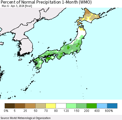 Japan Percent of Normal Precipitation 1-Month (WMO) Thematic Map For 3/6/2024 - 4/5/2024