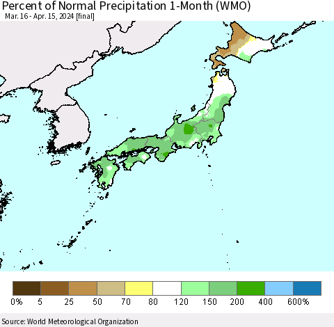 Japan Percent of Normal Precipitation 1-Month (WMO) Thematic Map For 3/16/2024 - 4/15/2024