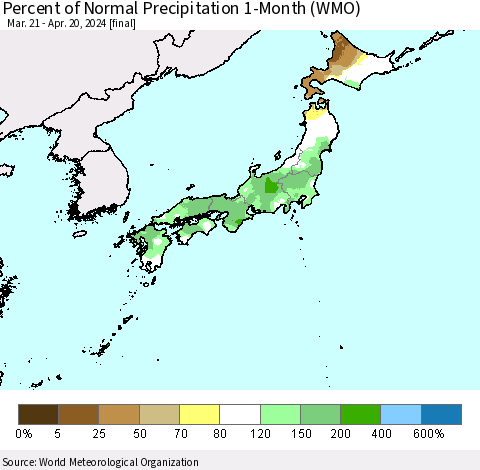 Japan Percent of Normal Precipitation 1-Month (WMO) Thematic Map For 3/21/2024 - 4/20/2024