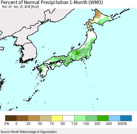 Japan Percent of Normal Precipitation 1-Month (WMO) Thematic Map For 3/26/2024 - 4/25/2024