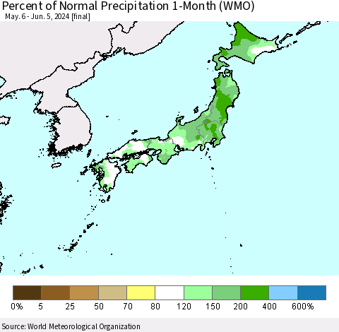 Japan Percent of Normal Precipitation 1-Month (WMO) Thematic Map For 5/6/2024 - 6/5/2024