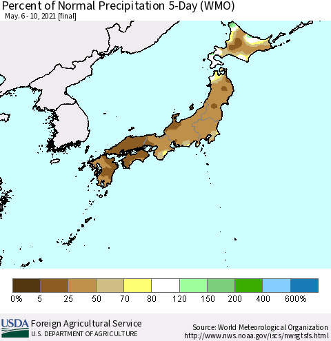 Japan Percent of Normal Precipitation 5-Day (WMO) Thematic Map For 5/6/2021 - 5/10/2021
