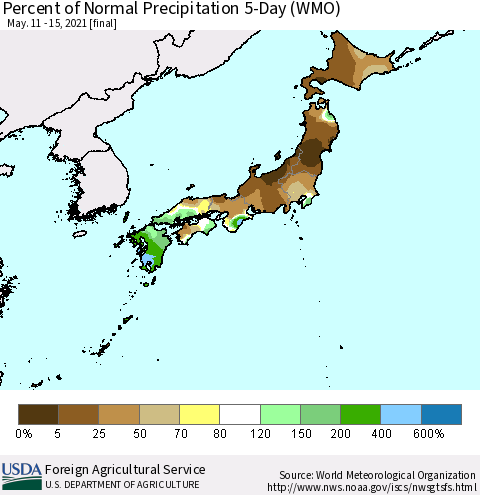 Japan Percent of Normal Precipitation 5-Day (WMO) Thematic Map For 5/11/2021 - 5/15/2021