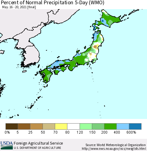Japan Percent of Normal Precipitation 5-Day (WMO) Thematic Map For 5/16/2021 - 5/20/2021