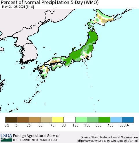 Japan Percent of Normal Precipitation 5-Day (WMO) Thematic Map For 5/21/2021 - 5/25/2021