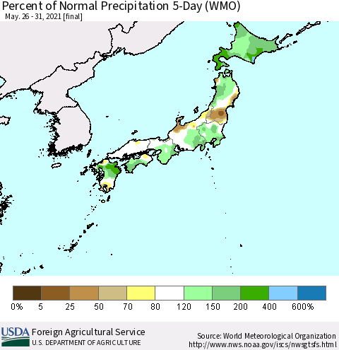 Japan Percent of Normal Precipitation 5-Day (WMO) Thematic Map For 5/26/2021 - 5/31/2021