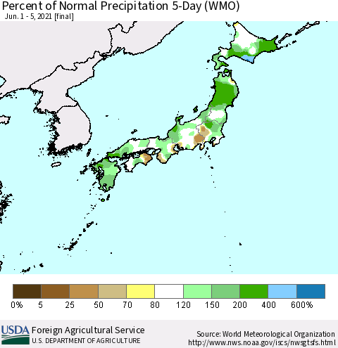 Japan Percent of Normal Precipitation 5-Day (WMO) Thematic Map For 6/1/2021 - 6/5/2021