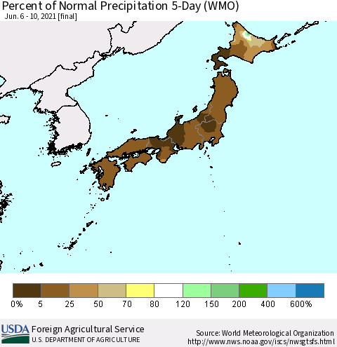 Japan Percent of Normal Precipitation 5-Day (WMO) Thematic Map For 6/6/2021 - 6/10/2021