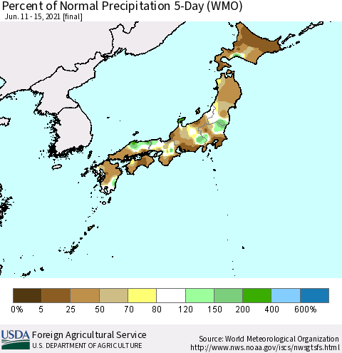 Japan Percent of Normal Precipitation 5-Day (WMO) Thematic Map For 6/11/2021 - 6/15/2021