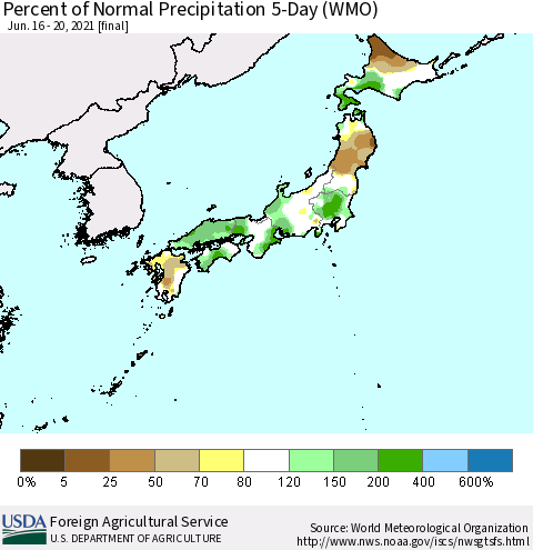 Japan Percent of Normal Precipitation 5-Day (WMO) Thematic Map For 6/16/2021 - 6/20/2021