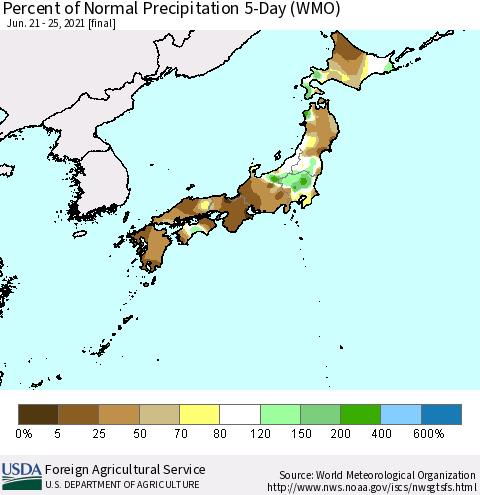 Japan Percent of Normal Precipitation 5-Day (WMO) Thematic Map For 6/21/2021 - 6/25/2021