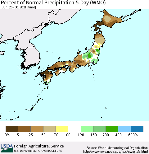 Japan Percent of Normal Precipitation 5-Day (WMO) Thematic Map For 6/26/2021 - 6/30/2021