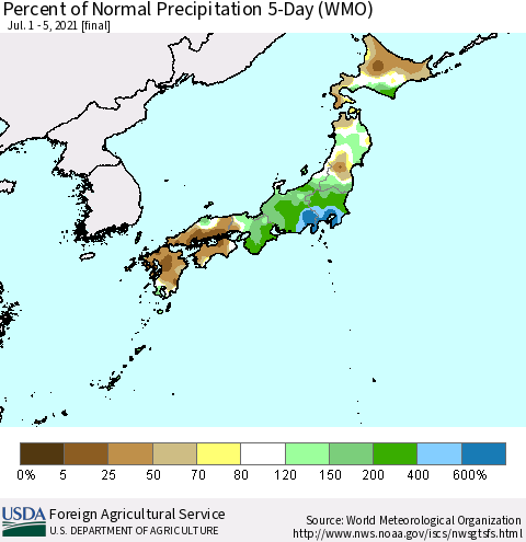 Japan Percent of Normal Precipitation 5-Day (WMO) Thematic Map For 7/1/2021 - 7/5/2021