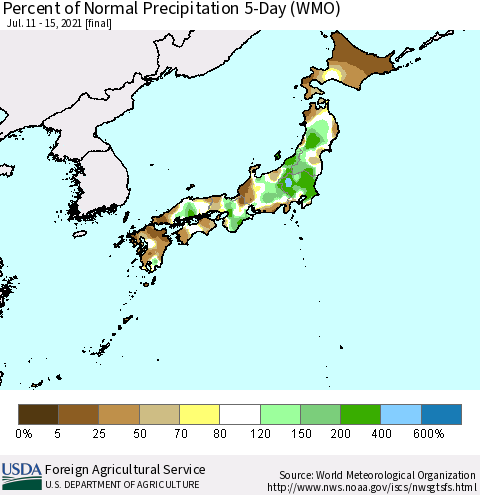 Japan Percent of Normal Precipitation 5-Day (WMO) Thematic Map For 7/11/2021 - 7/15/2021