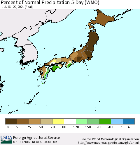 Japan Percent of Normal Precipitation 5-Day (WMO) Thematic Map For 7/16/2021 - 7/20/2021