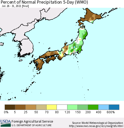 Japan Percent of Normal Precipitation 5-Day (WMO) Thematic Map For 7/26/2021 - 7/31/2021