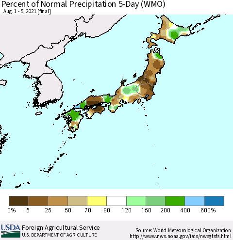 Japan Percent of Normal Precipitation 5-Day (WMO) Thematic Map For 8/1/2021 - 8/5/2021
