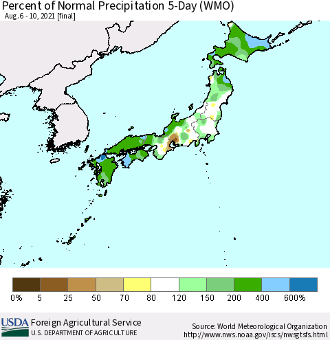 Japan Percent of Normal Precipitation 5-Day (WMO) Thematic Map For 8/6/2021 - 8/10/2021