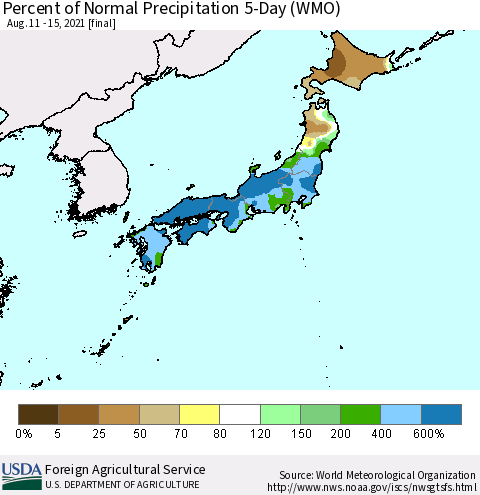 Japan Percent of Normal Precipitation 5-Day (WMO) Thematic Map For 8/11/2021 - 8/15/2021