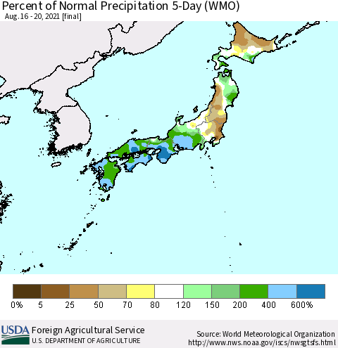 Japan Percent of Normal Precipitation 5-Day (WMO) Thematic Map For 8/16/2021 - 8/20/2021
