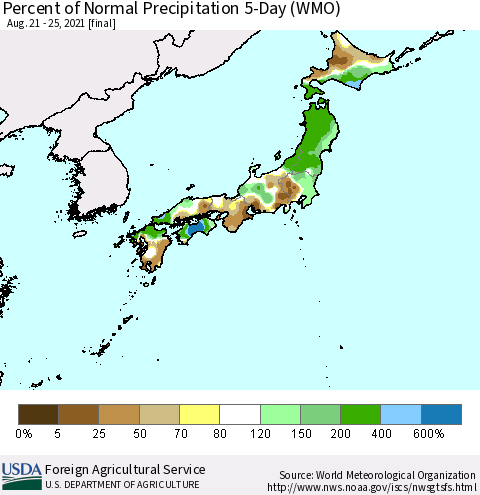 Japan Percent of Normal Precipitation 5-Day (WMO) Thematic Map For 8/21/2021 - 8/25/2021