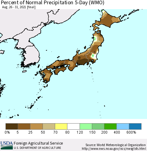 Japan Percent of Normal Precipitation 5-Day (WMO) Thematic Map For 8/26/2021 - 8/31/2021
